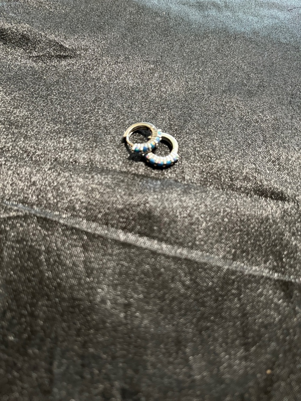 Silver Hoop Earrings with Tiny Blue Bead Accents